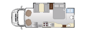 Avida Birdsville motorhome interior layout featuring a fixed bed, kitchen area with stove and fridge, bathroom, and seating arrangement, ideal for evaluating comfort and functionality in used motorhomes.