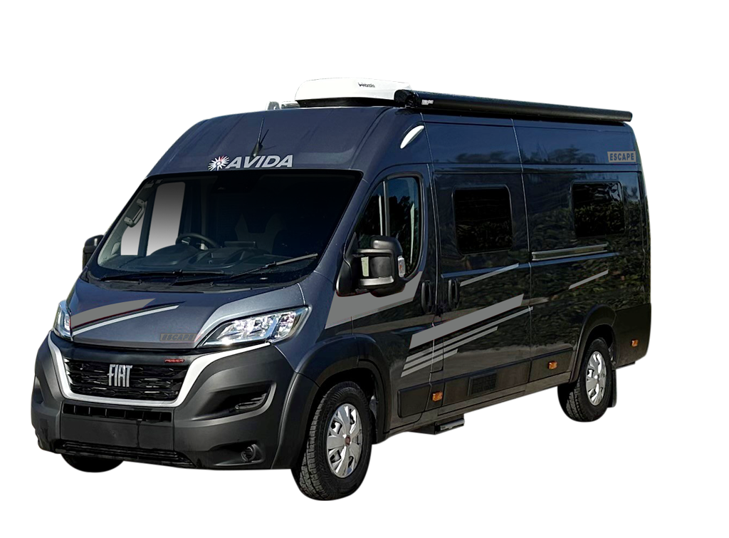 Avida Escape motorhome in dark gray with Fiat branding, showcasing a compact design ideal for travel and adventure.