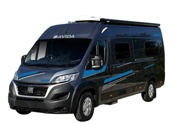 Avida motorhome parked with sleek design, featuring blue accents, ideal for family travel and adventure.