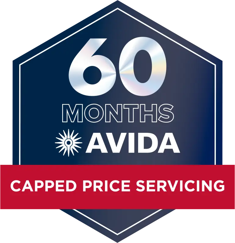 60 months Avida capped price servicing badge, featuring a blue hexagonal design with white text and red banner, promoting Avida Gold Coast's service offering for campervans.
