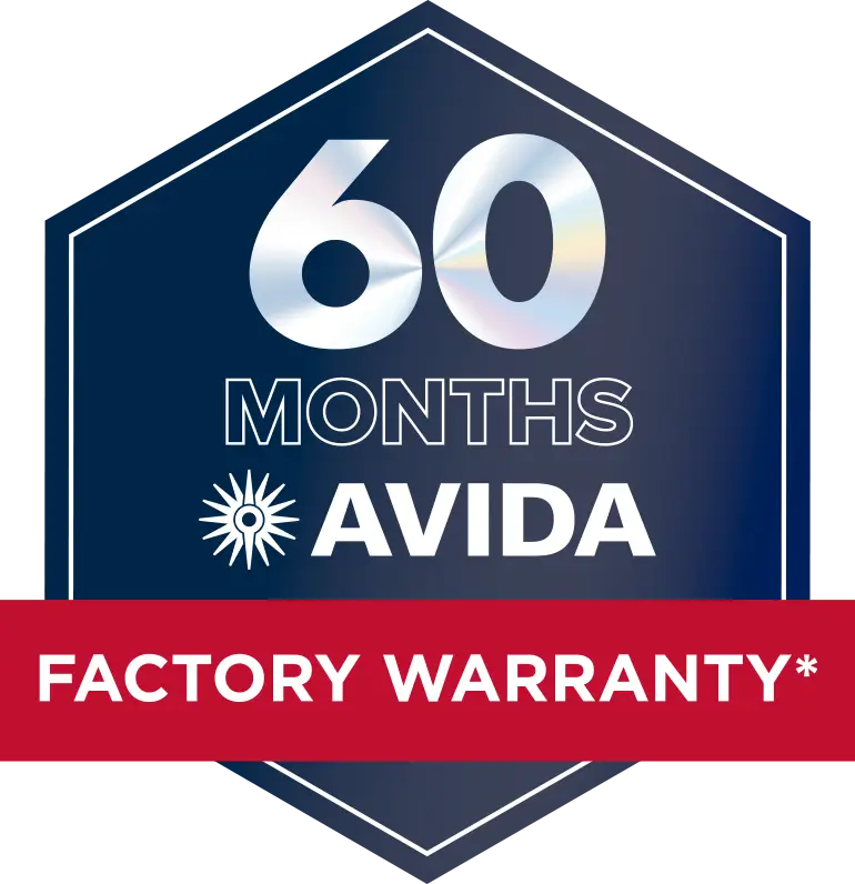 60 months Avida factory warranty badge with star emblem and red banner.