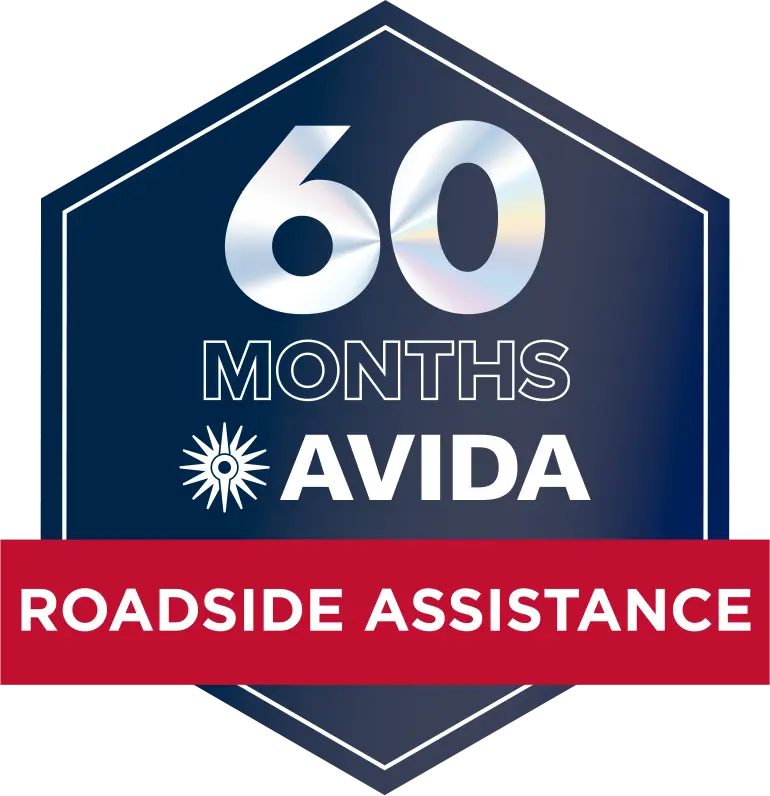 60 months Avida Roadside Assistance logo featuring a blue hexagon with white text and a red banner, emphasizing support for Avida campervan owners.