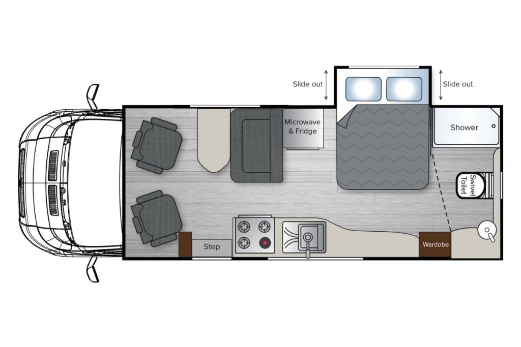 Avida Silverton B6912SL motorhome floor plan featuring a spacious layout with swivel table dinette, kitchen area, comfortable sleeping space, and bathroom amenities.