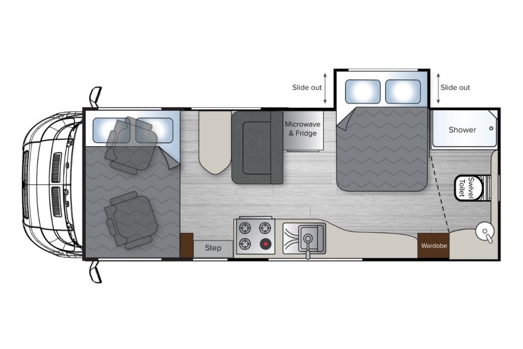 Avida Silverton C6914SL motorhome floor plan featuring a spacious interior layout with slide-outs, kitchen area, dinette, and sleeping quarters, designed for flexible living and outdoor enjoyment.