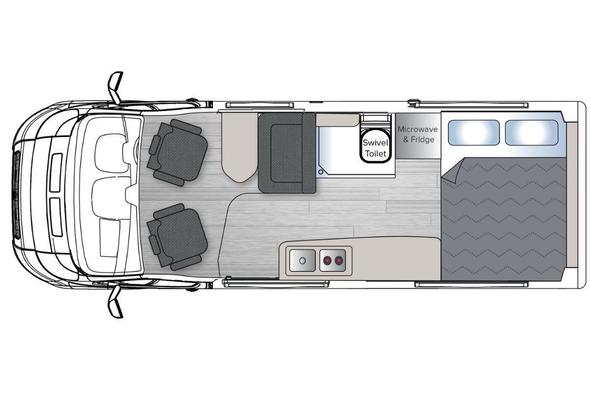 Avida Trek V6452 campervan floor plan showcasing compact layout with swivel toilet, kitchen area including microwave and fridge, and seating arrangement for practical living on the road.