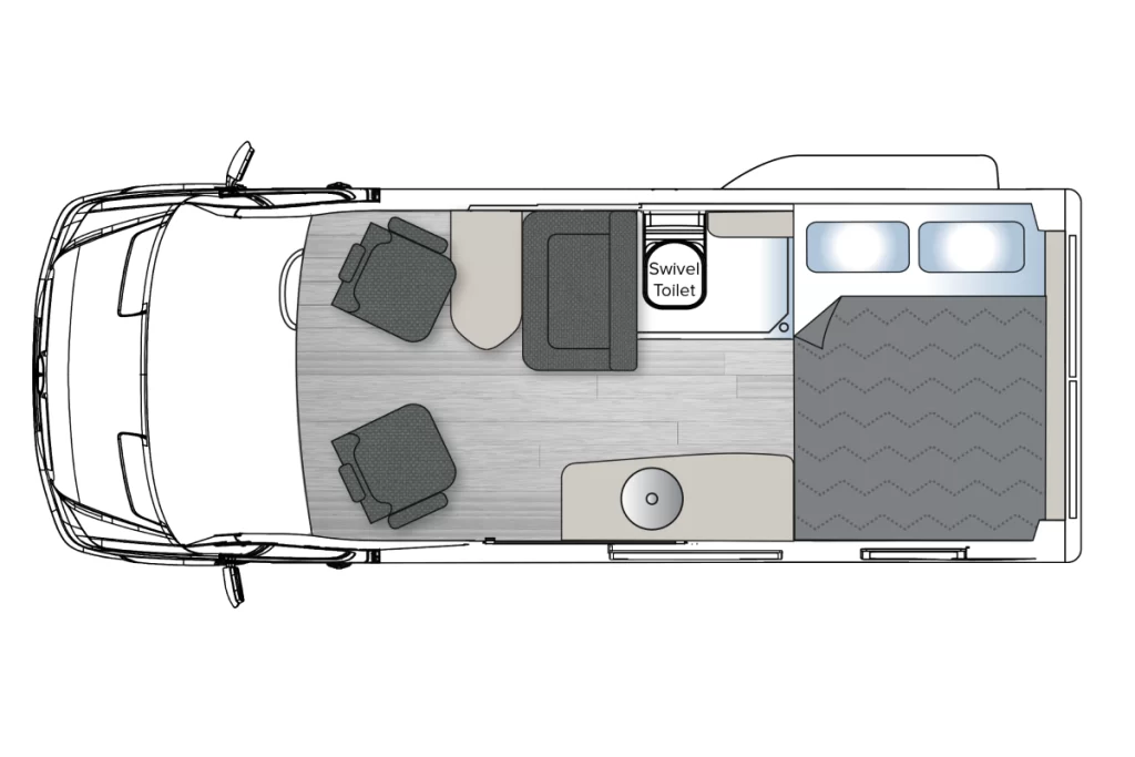 Avida Explorer LX 4x4 campervan floor plan featuring swivel toilet, seating area, and compact layout designed for off-grid adventures.